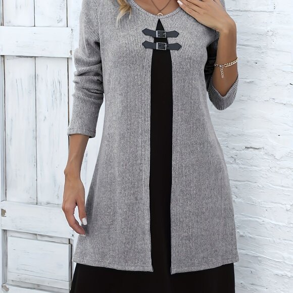 2/$40 Grey Ribbed Knit Attached Cardigan & Black Dress Set Sweater Buckle Detail - Picture 7 of 7